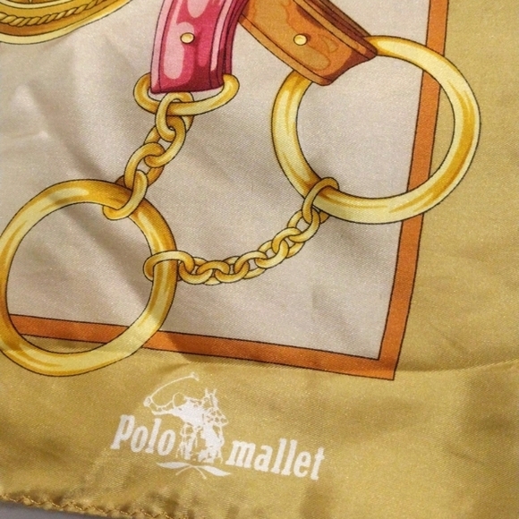 Polo Mallet Gold Pink Brown Jewelry Belts Print Luxury Silk Scarf 34x34 inches - Picture 9 of 9